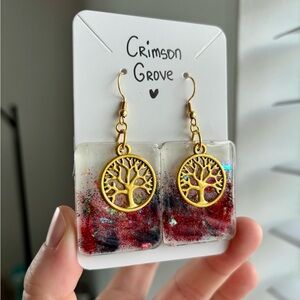 Red Tree of Life Resin Earrings, Gold Charm Glitter,  Handmade Jewelry, Gift